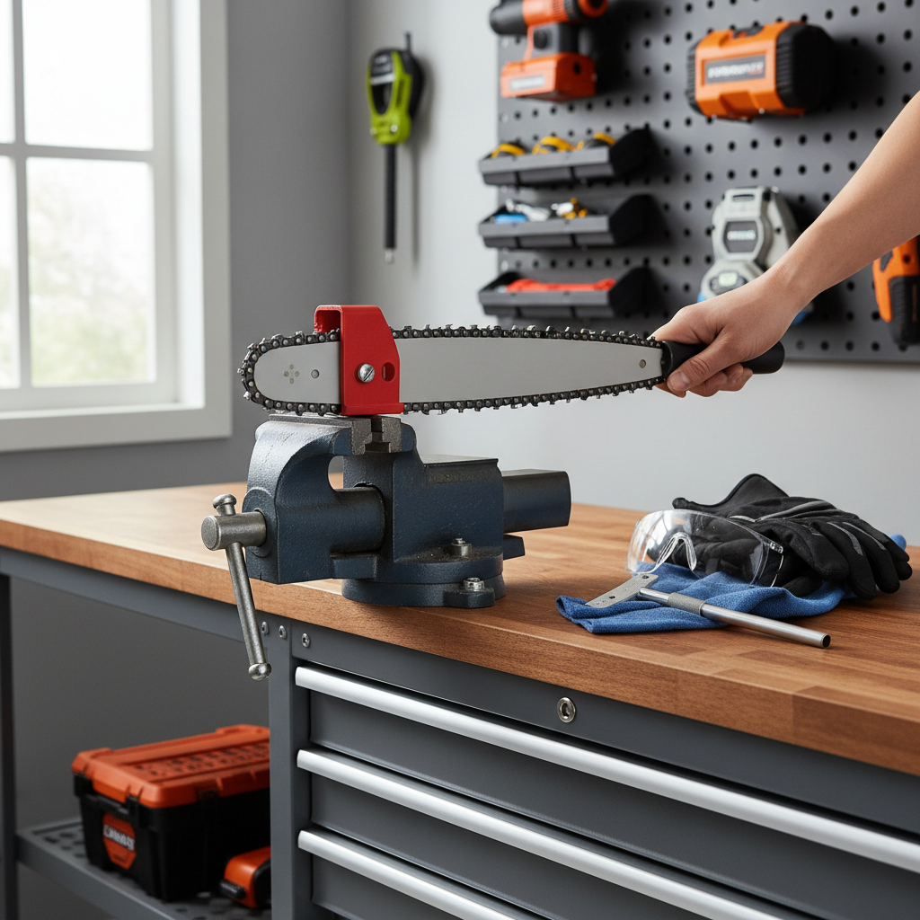 Home chainsaw chain sharpening setup with files and bench vise