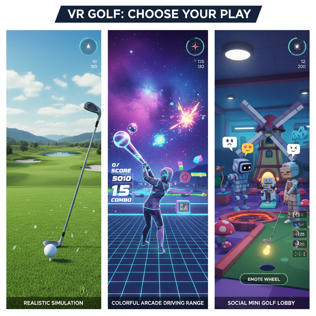 Comparison view of VR golf gameplay styles: simulation vs arcade vs social