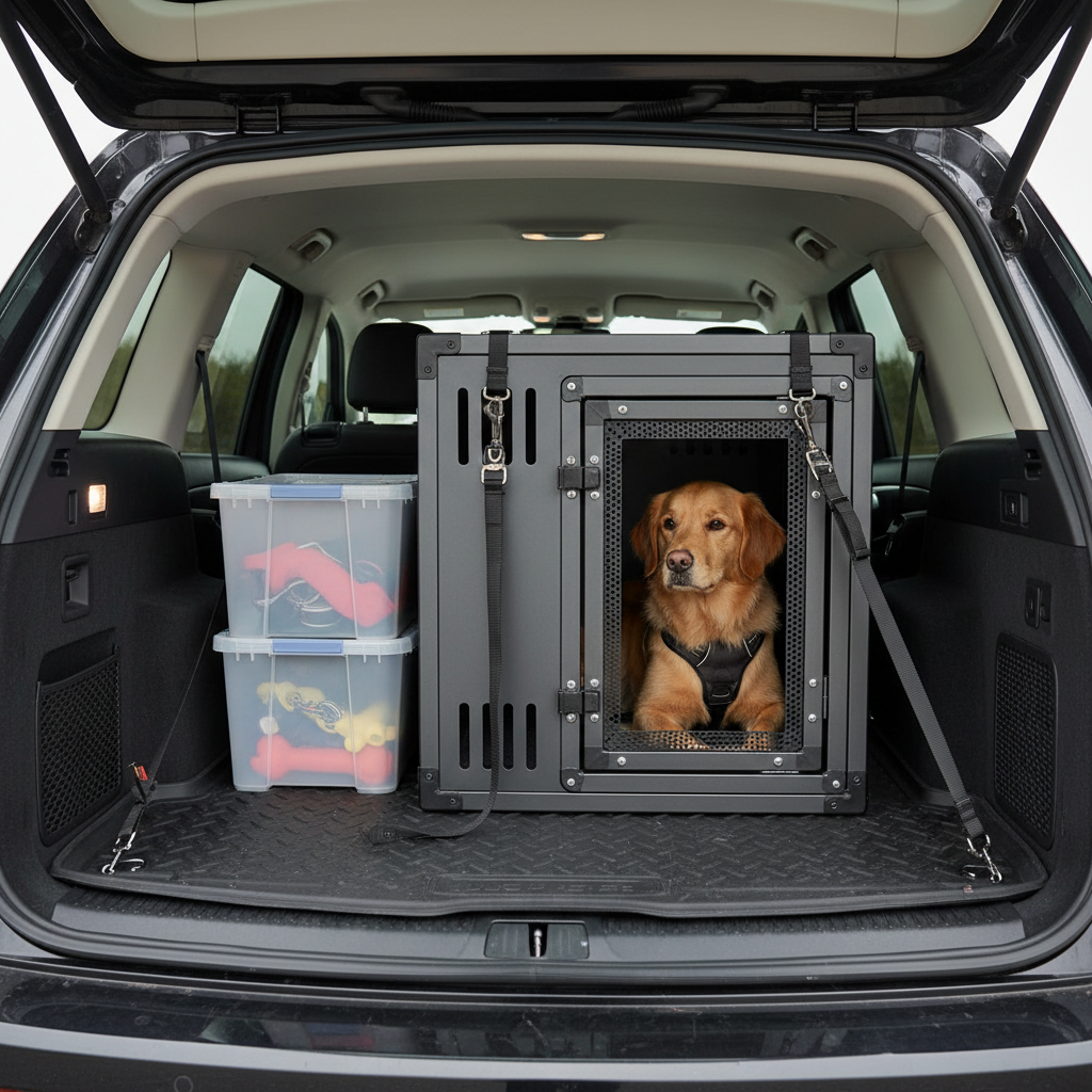 Secured dog crate in SUV cargo area with tie-down straps
