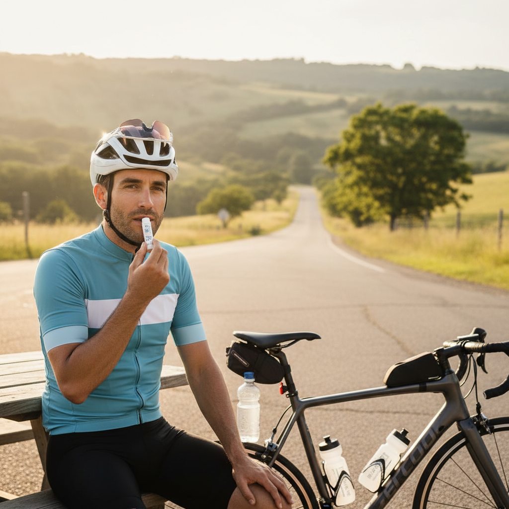Cyclist reapplying SPF lip balm during a rest stop on a sunny ride