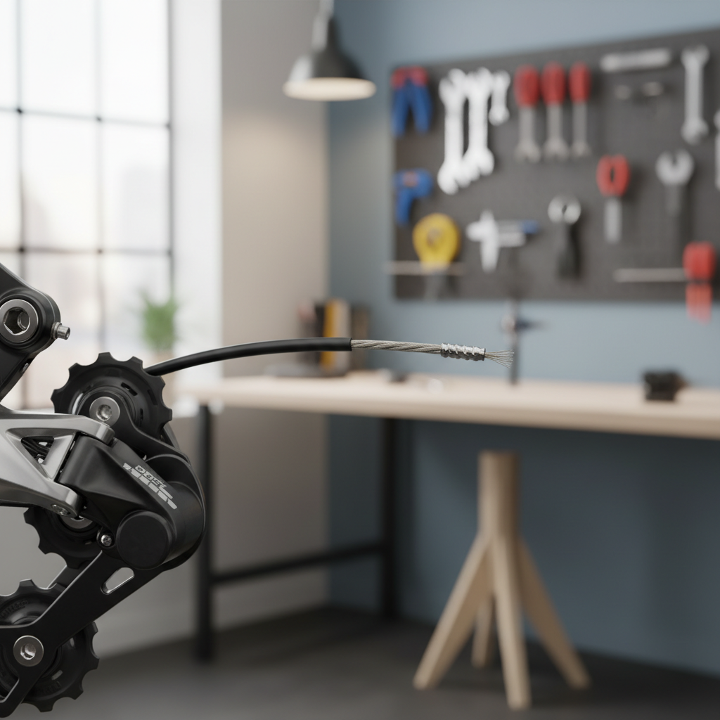 Close-up of bicycle derailleur cable and housing at the rear derailleur