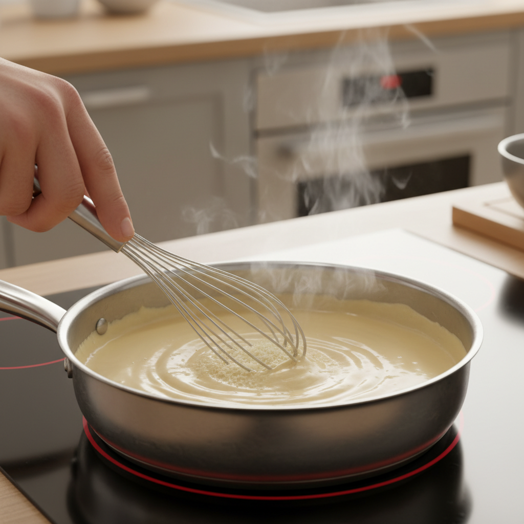 Whisking parmesan into creamy Alfredo sauce on low heat