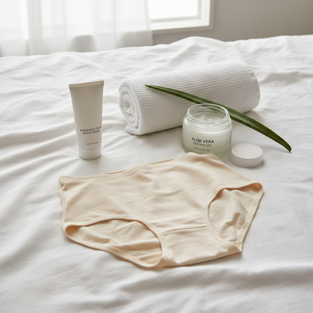 Aftercare for bikini line trimming with gentle moisturizer and breathable underwear