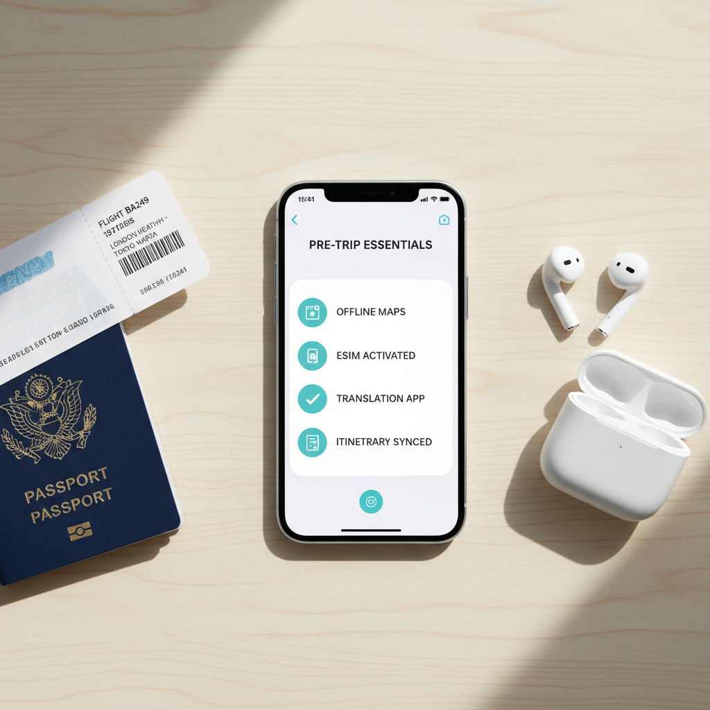 Pre-trip checklist for international travel apps on a phone with passport and earbuds