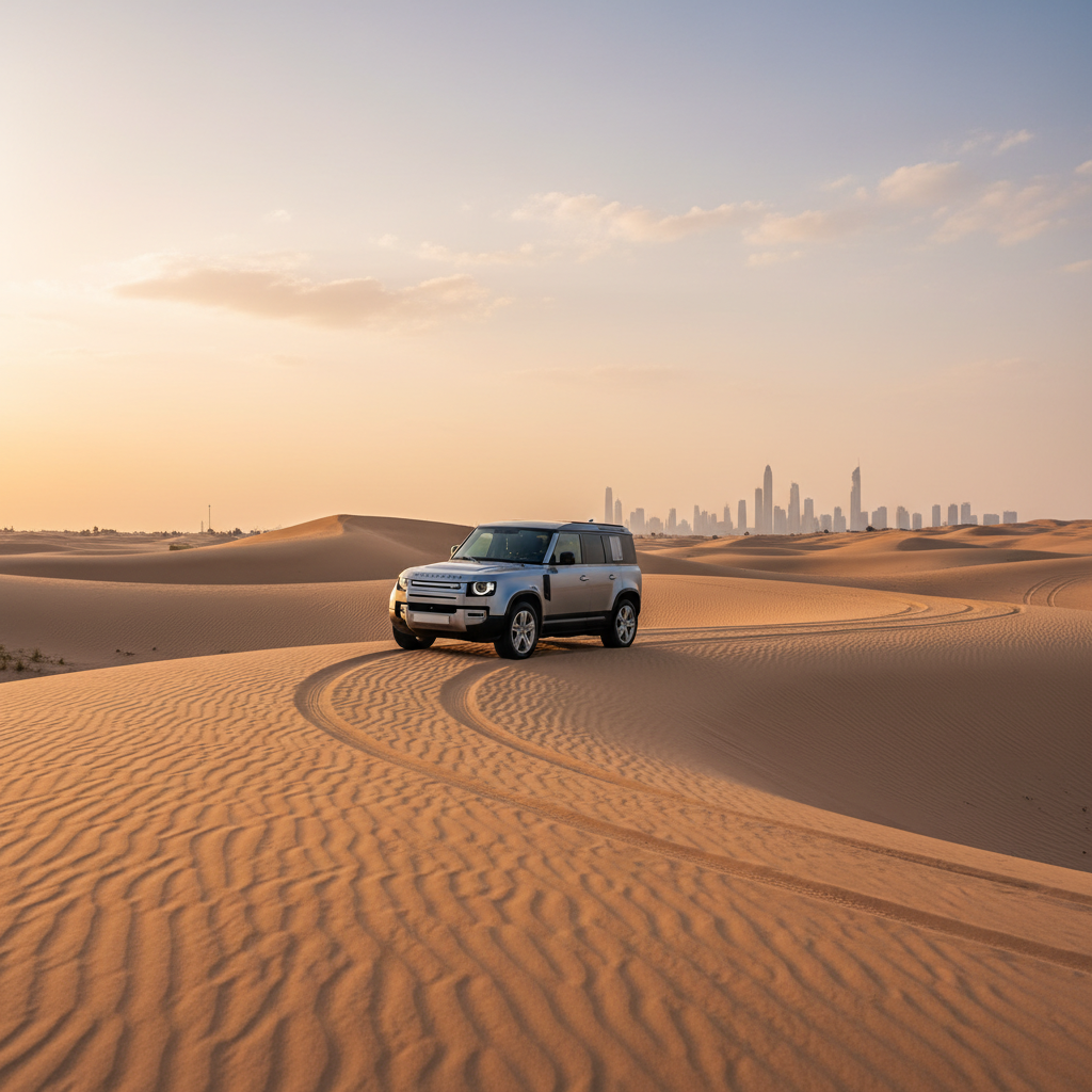 Desert safari near Dubai with 4x4 vehicle at golden hour