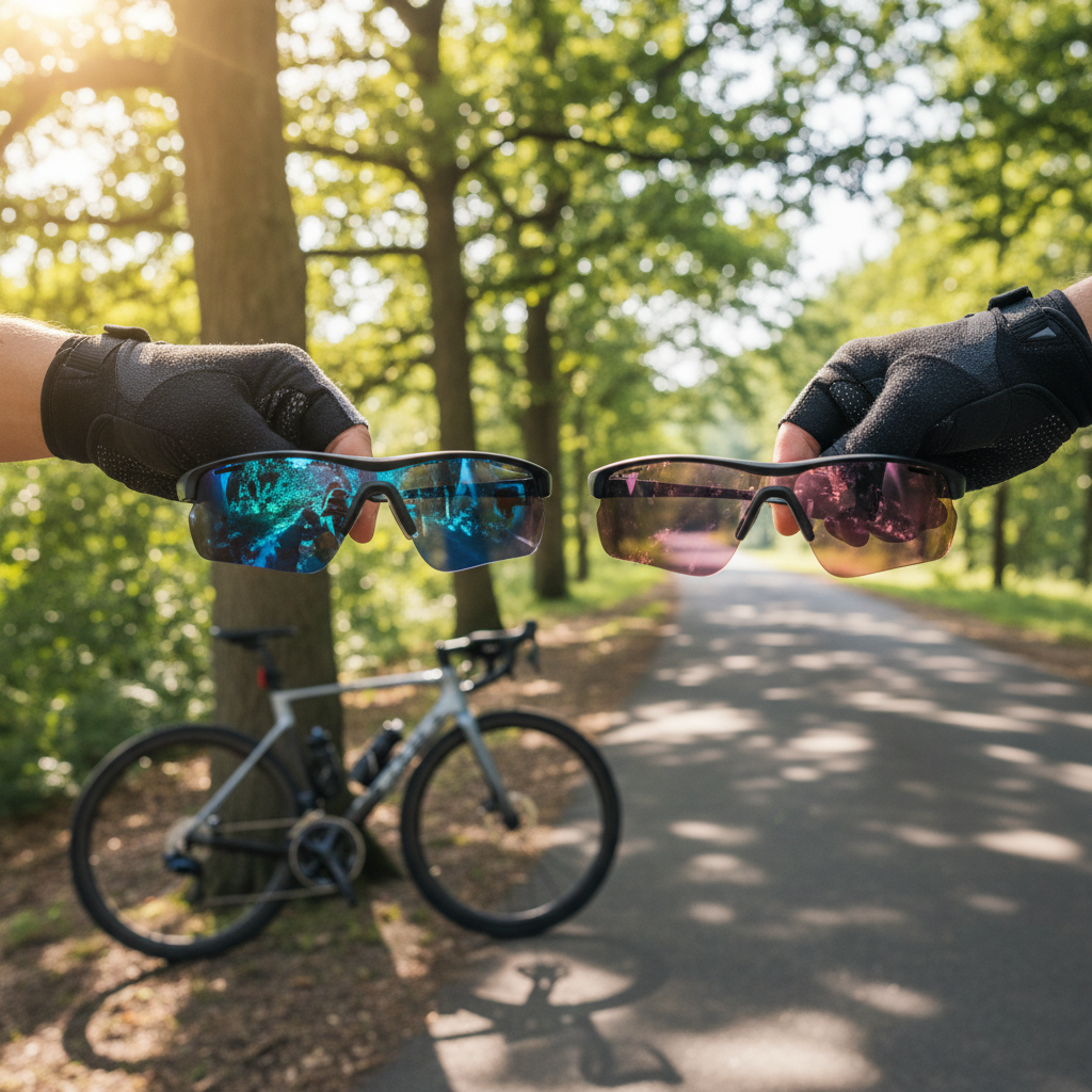 Cyclist comparing different lens tints and VLT options for varying light conditions