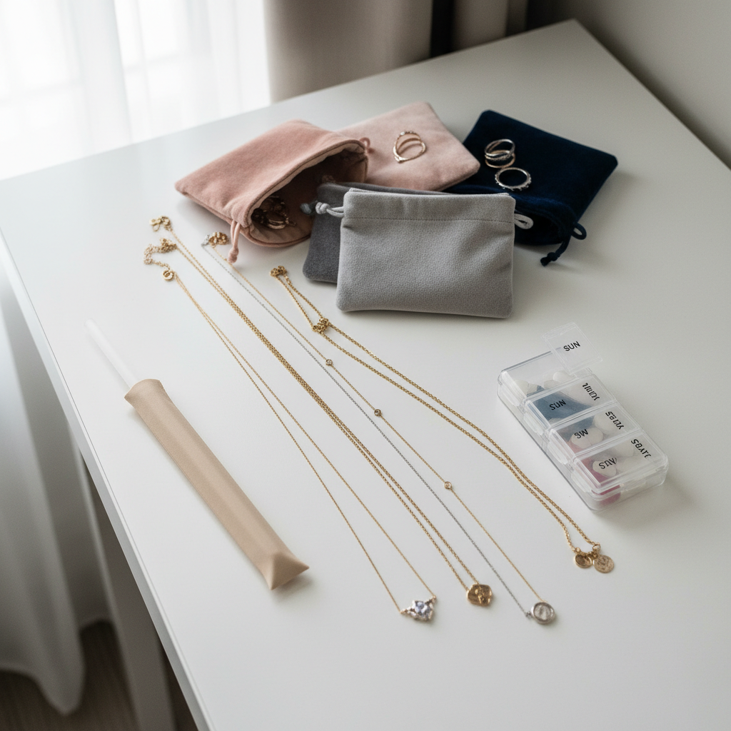 Travel jewelry packing setup with small pouches, straw, and pill case on a hotel desk