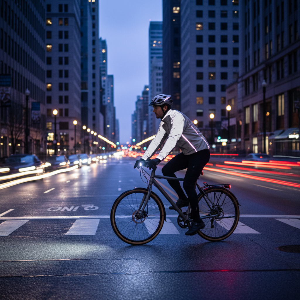 Commuter cyclist using bright front and rear bike lights at dusk in an urban street