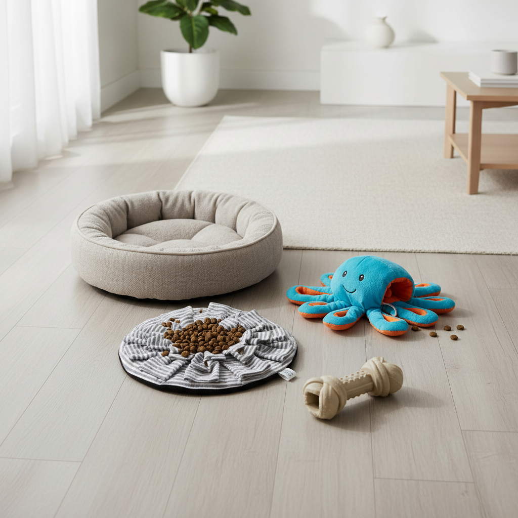 Enrichment setup with snuffle mat and safe chew options for a dog home alone