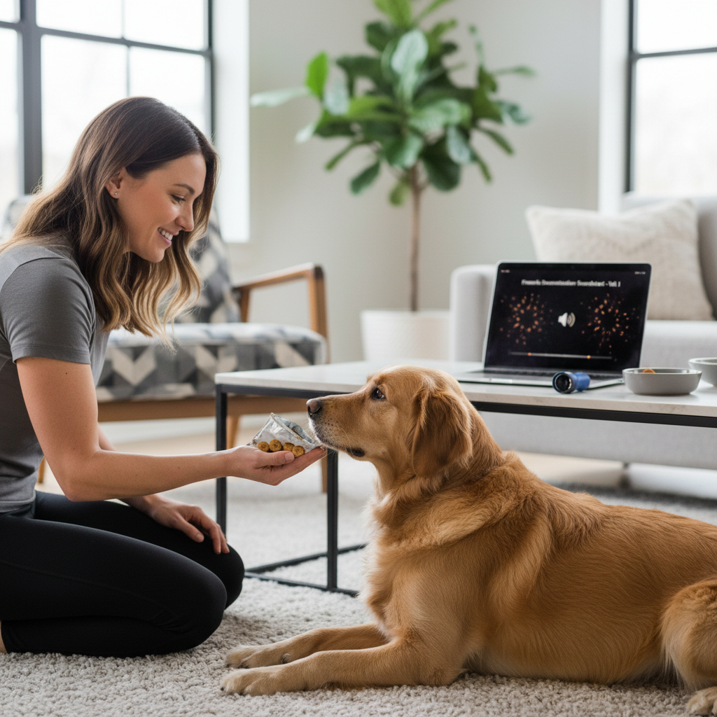 Owner rewarding dog with treats during low-volume fireworks desensitization training