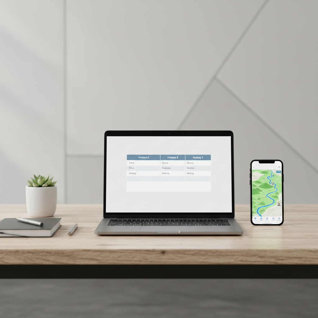 Comparison table concept for cycling route tracking apps on laptop and phone
