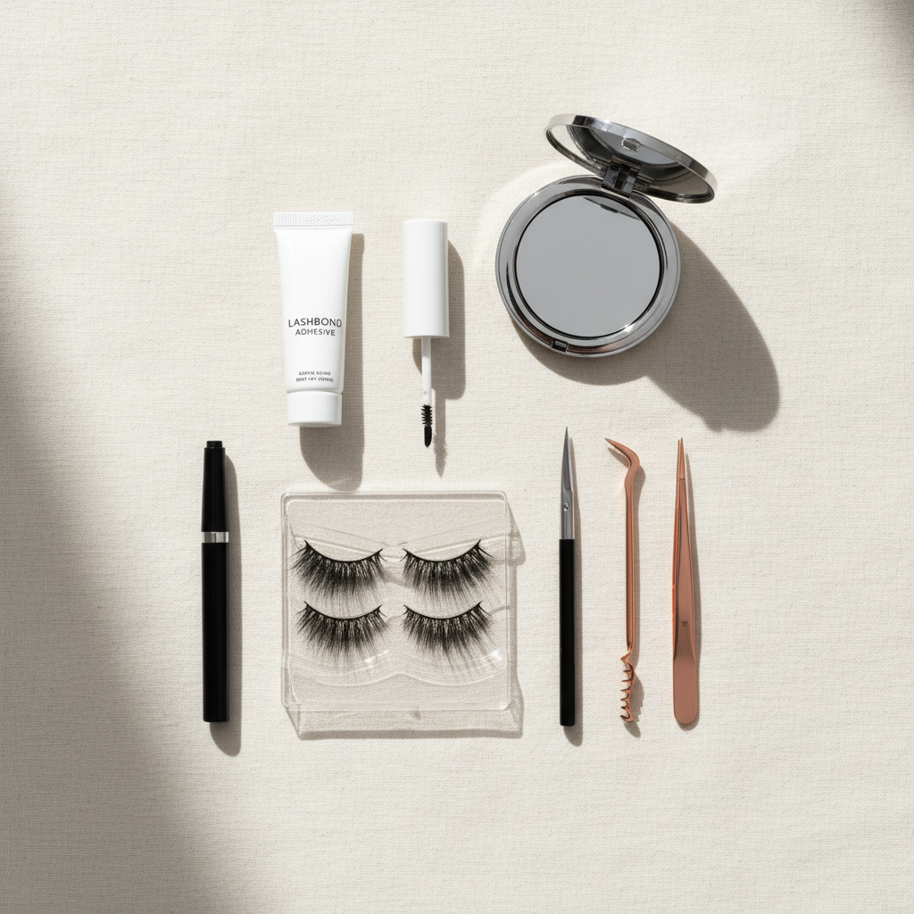 False eyelash tools laid out for easy application