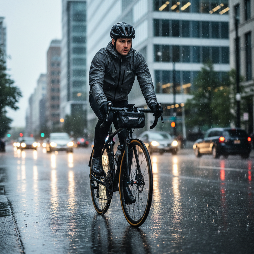 Cyclist commuting in steady rain with waterproof jacket and fenders