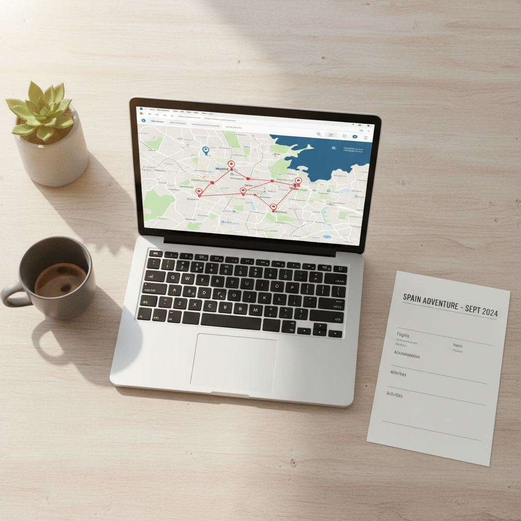 Spain trip planning map with Madrid Barcelona Seville route