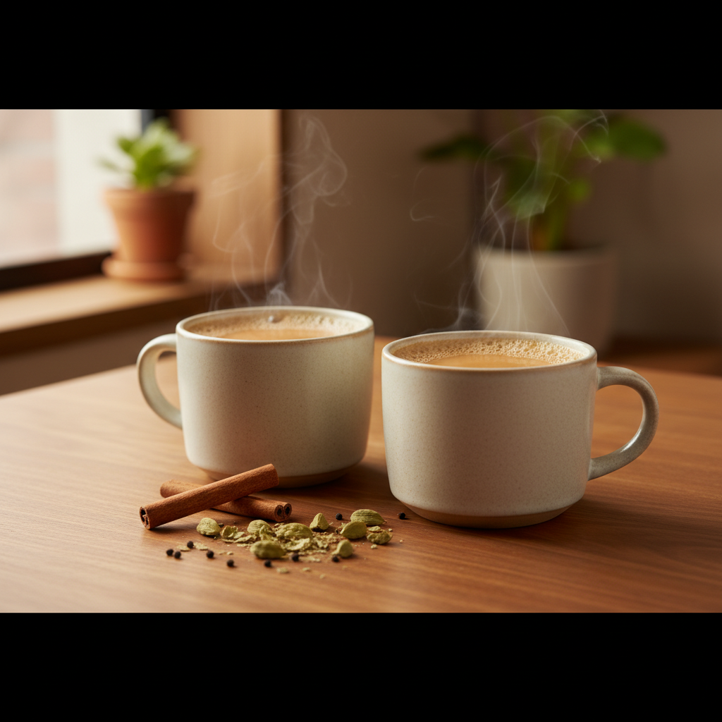 Two cups of Indian masala chai with cinnamon and cardamom on a table