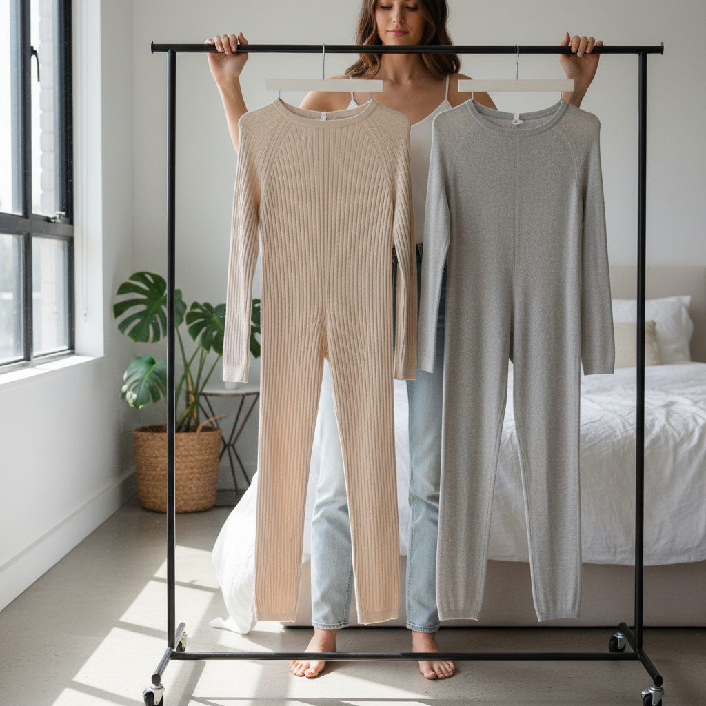 Women trying on neutral loungewear sets and comparing fabric softness