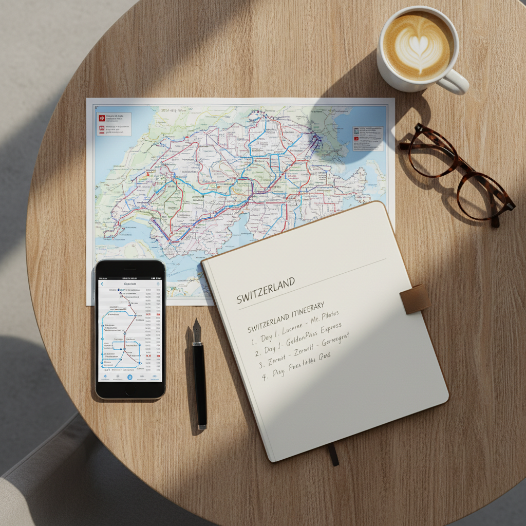 Switzerland rail route planning with map and phone showing train connections