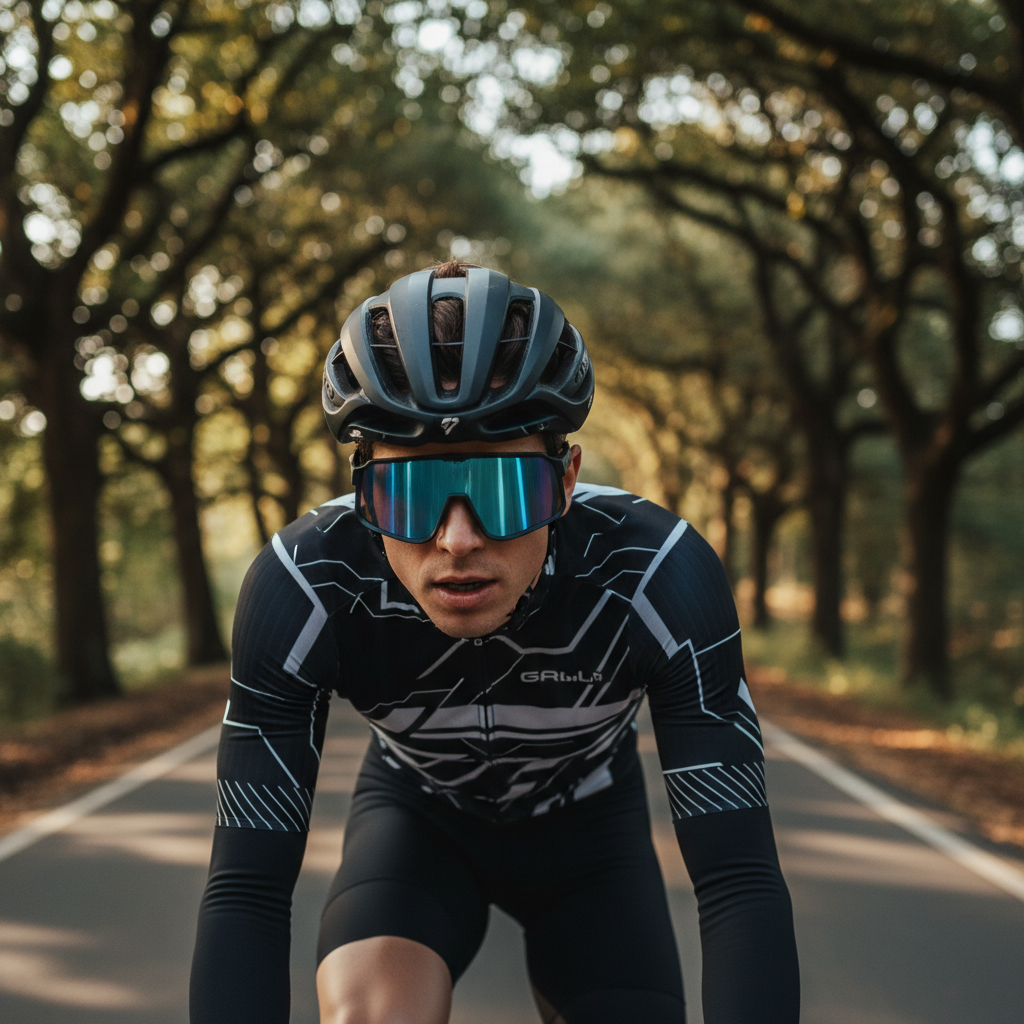 Cyclist riding on a shaded road wearing high-coverage sunglasses