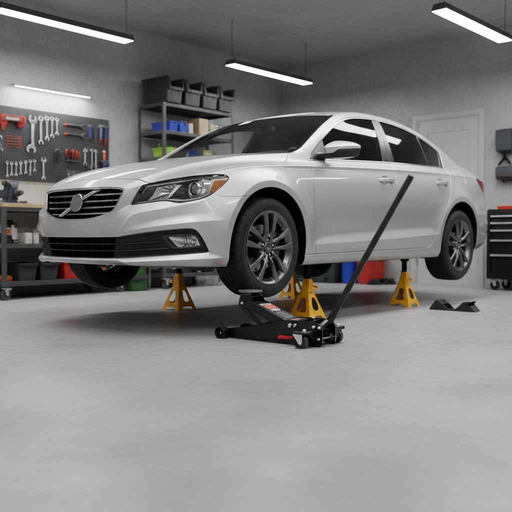 Low profile floor jack and jack stands positioned under a car for safe lifting