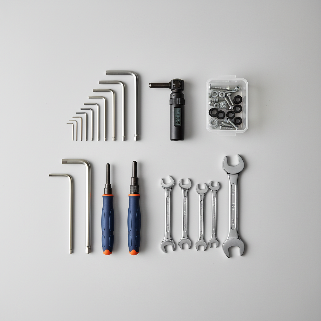 Bike basket installation tools laid out including hex keys, torque wrench, and mounting hardware