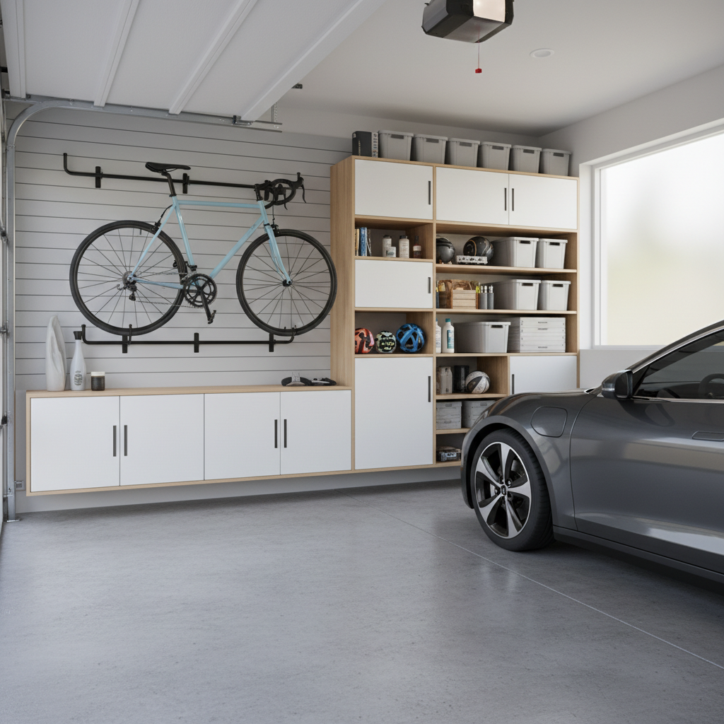 Small garage bike storage layout with wall hooks and clear walkway