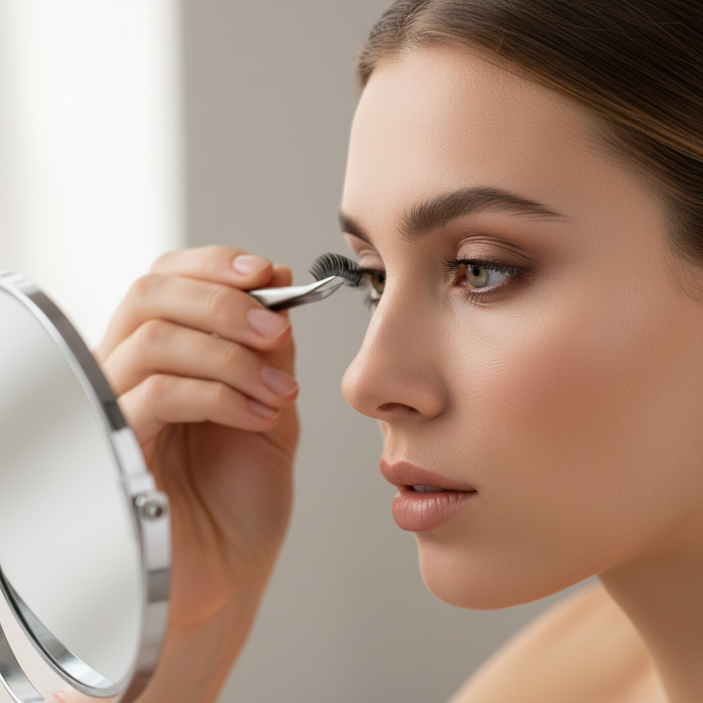 Applying false eyelashes with tweezers using the center-first method