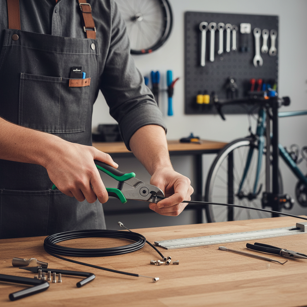 Mechanic measuring and cutting bicycle shift housing with cable cutters