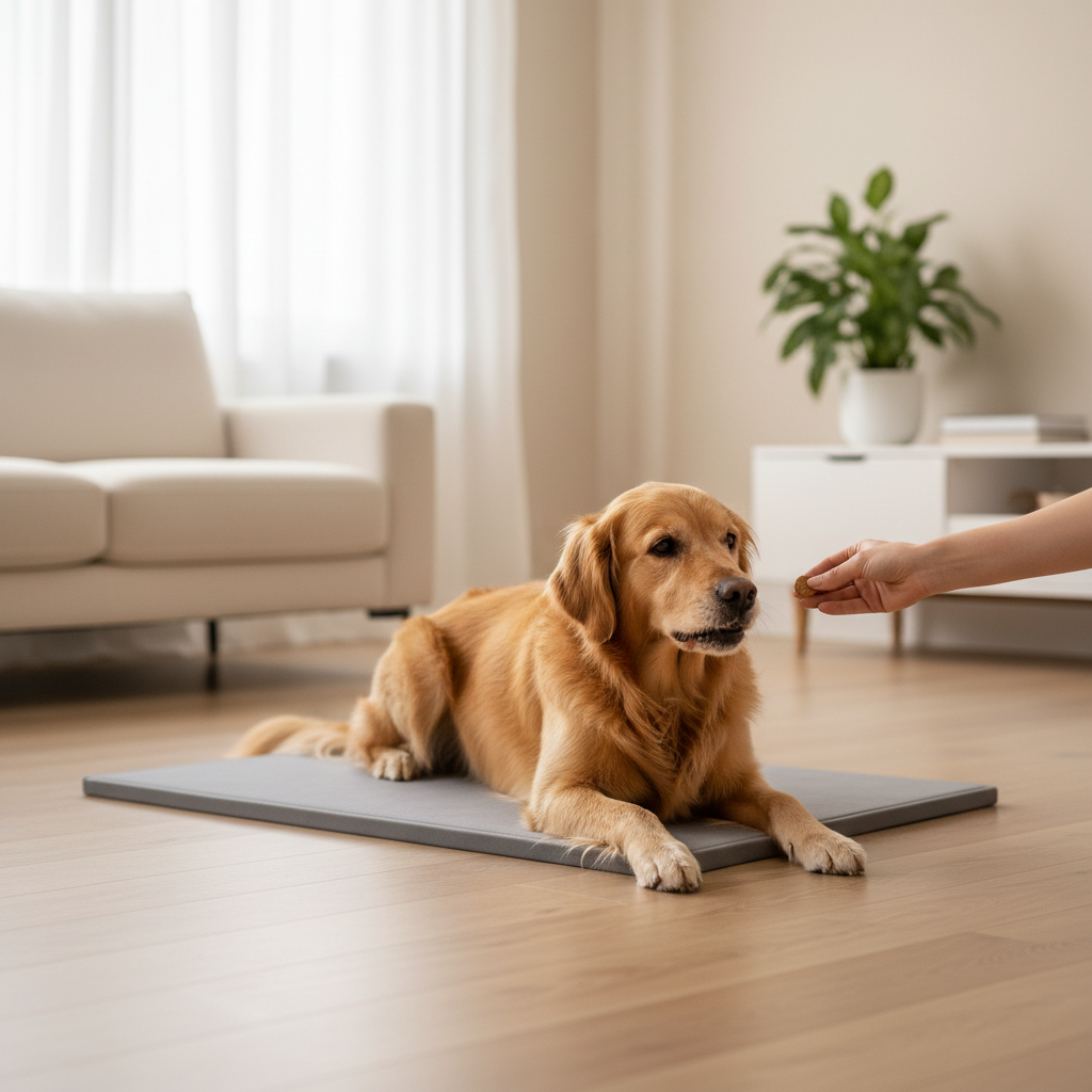 Training a dog to relax on a mat using treats at home