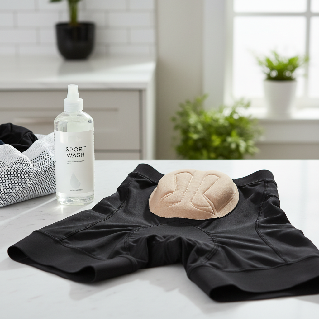 Cycling shorts with chamois turned inside out before washing