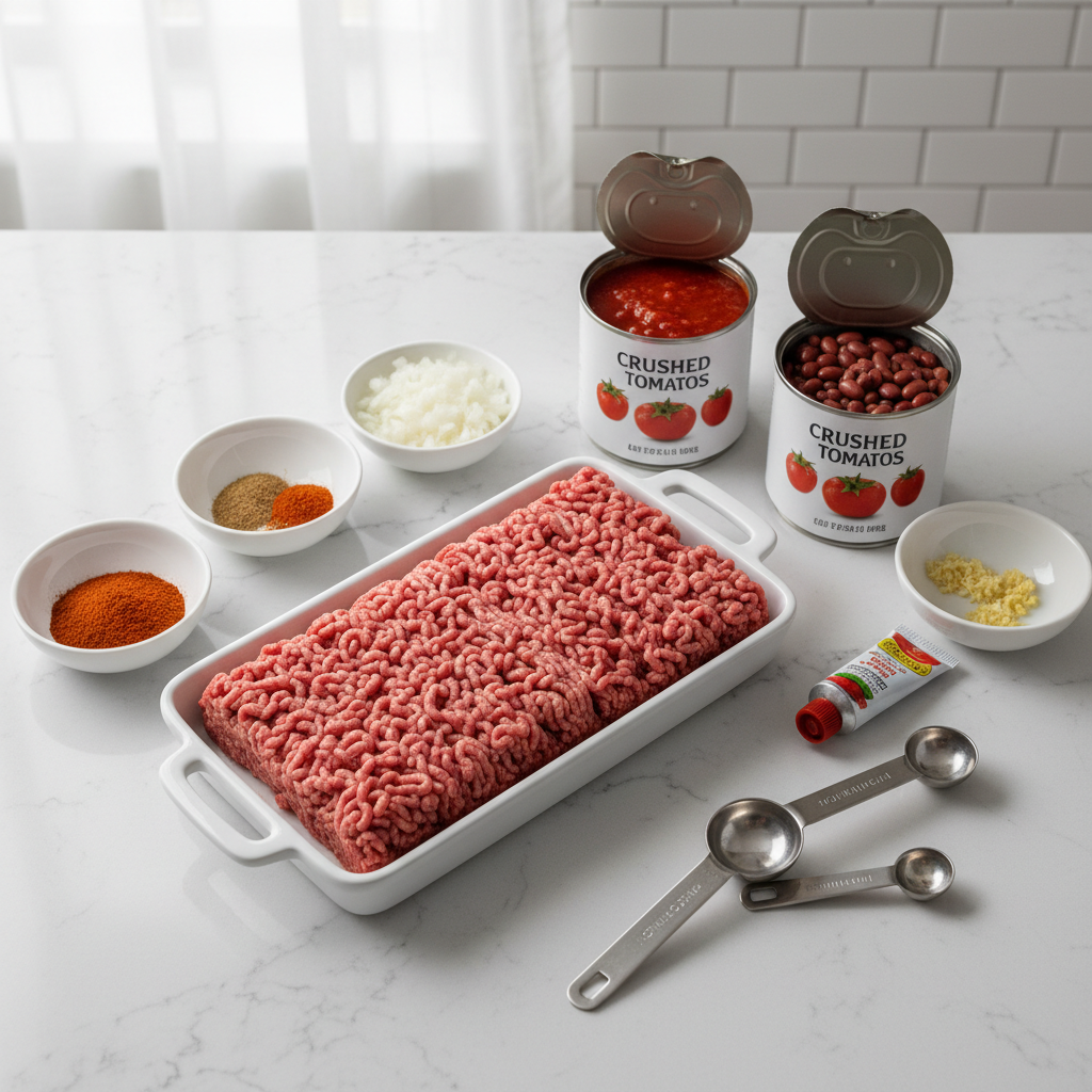 Chili ingredients on a counter: ground beef, tomatoes, beans, spices, onion, garlic