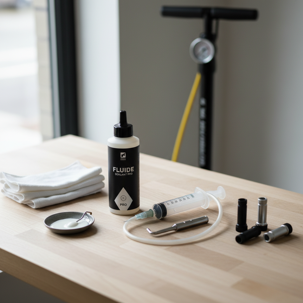 Bike tire sealant tools laid out: sealant bottle, valve core tool, injector, floor pump, tubeless valve