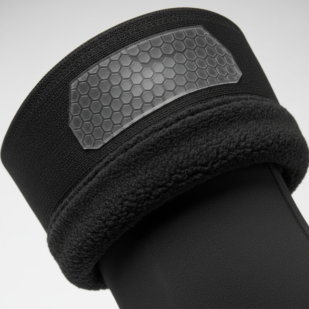 Close-up of cycling knee warmer fabric with fleece lining and silicone gripper