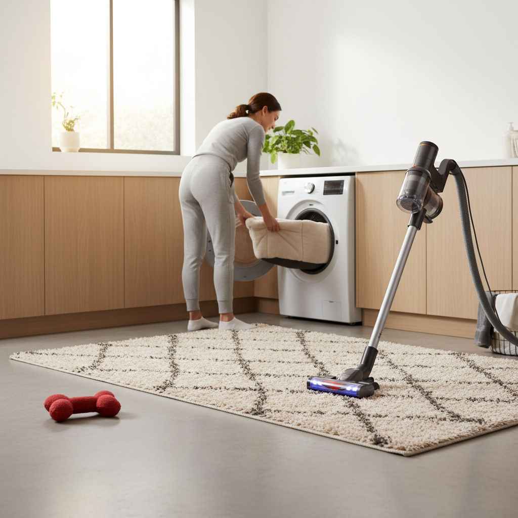 Cleaning dog bed cover and vacuuming rug to remove pet odor