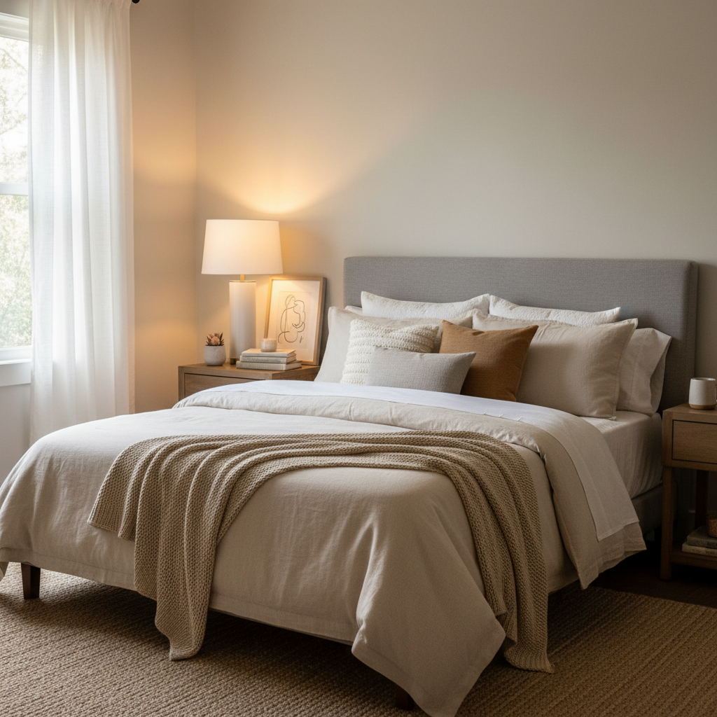 Affordable bedroom refresh with new bedding and warm lighting