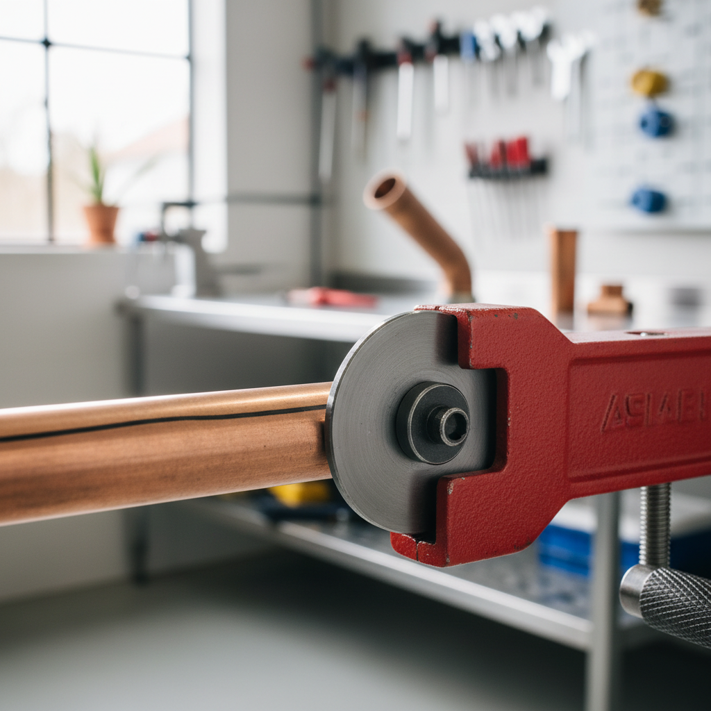 Close-up alignment of tubing cutter wheel on a marked copper pipe line