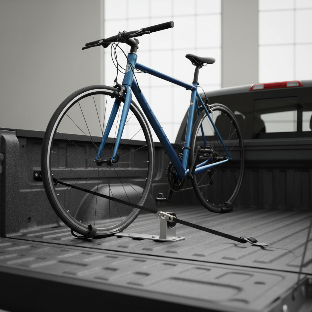 Fork-mount bike rack secured in a pickup truck bed with rear wheel strap