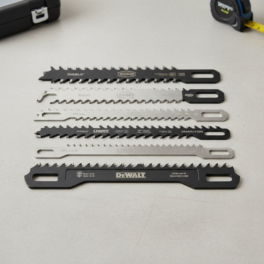 Assortment of reciprocating saw blades labeled for wood, metal, and demolition use