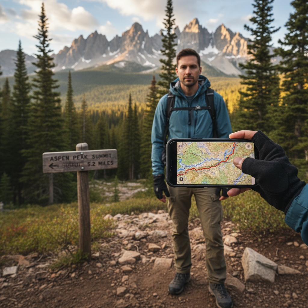 Traveler checking offline map on smartphone in mountainous area