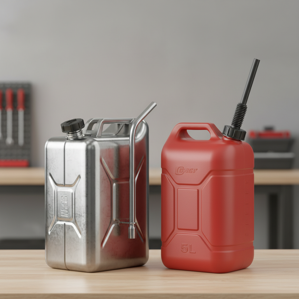 Comparison of metal vs plastic 5L fuel canisters on a workbench