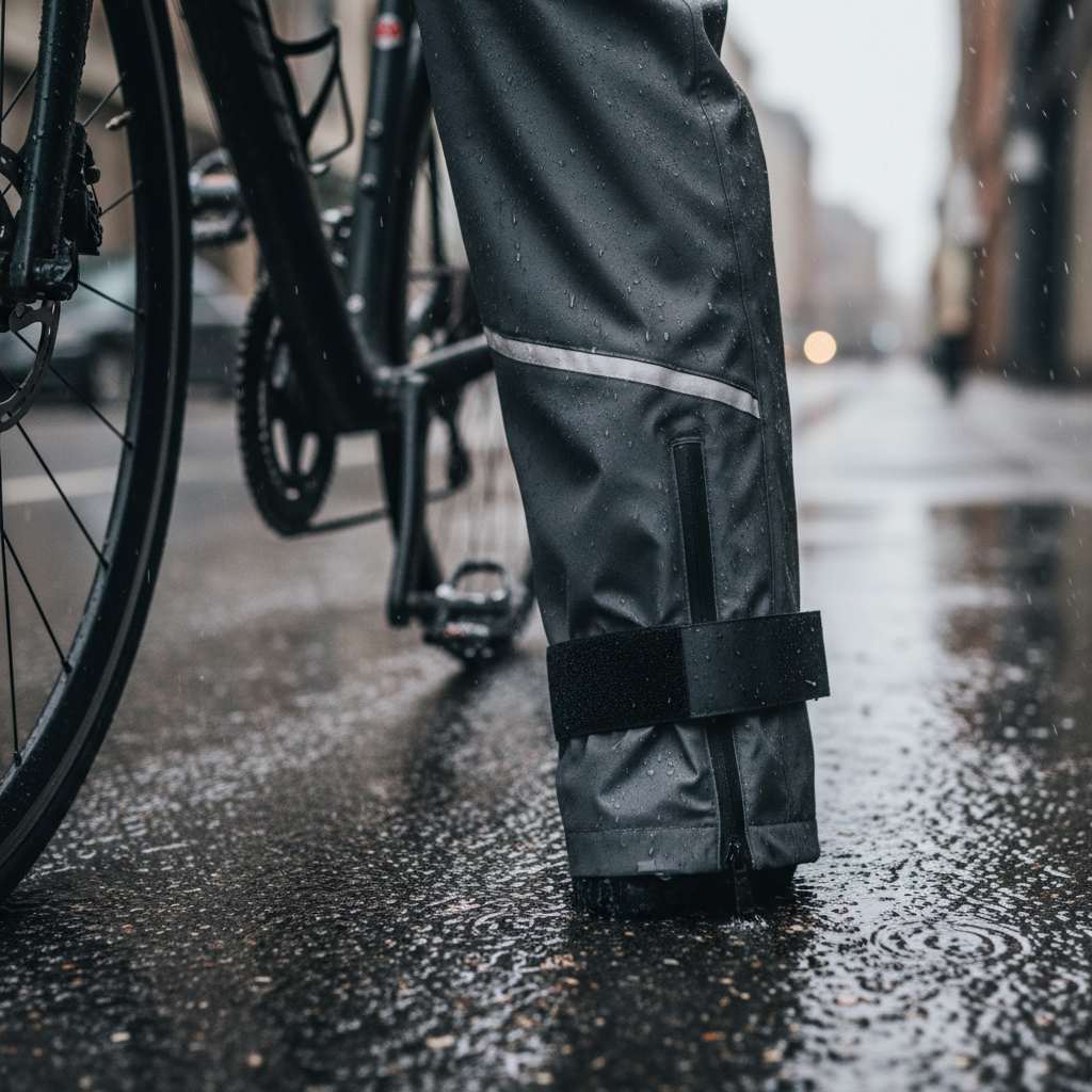 Cycling rain pants ankle cuff zipper and reflective detail close-up