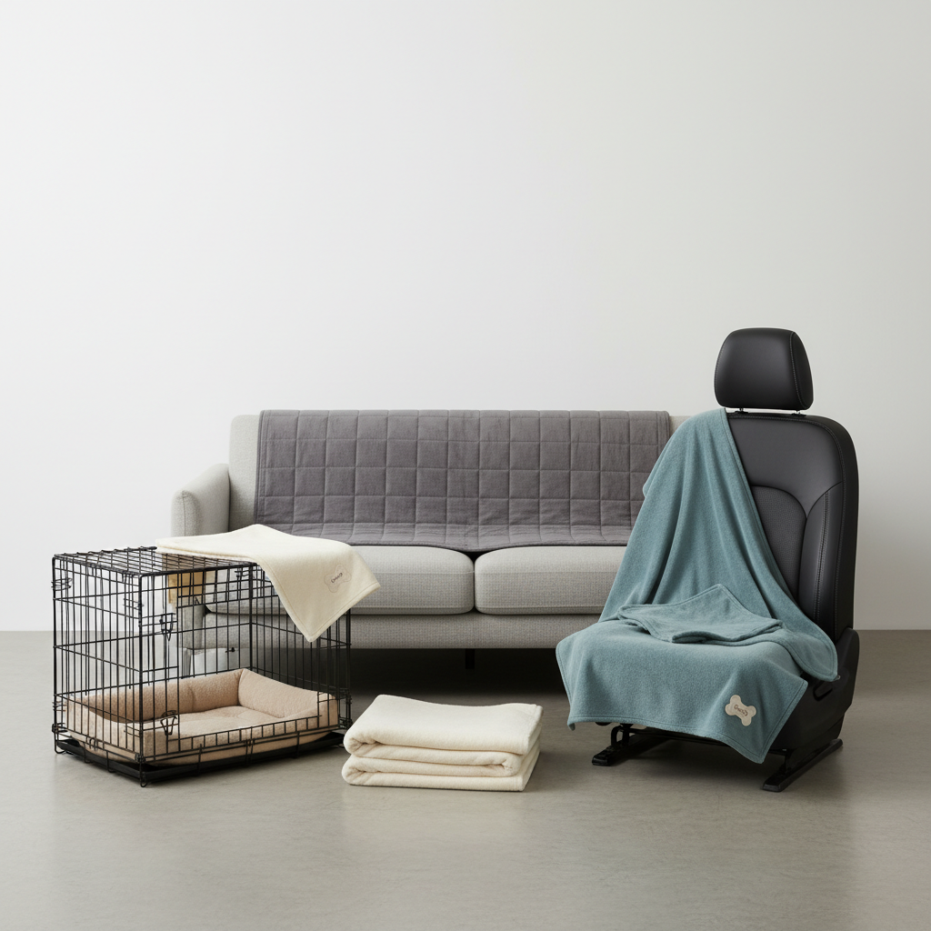 Different sizes of washable pet blankets laid out for couch and dog crate