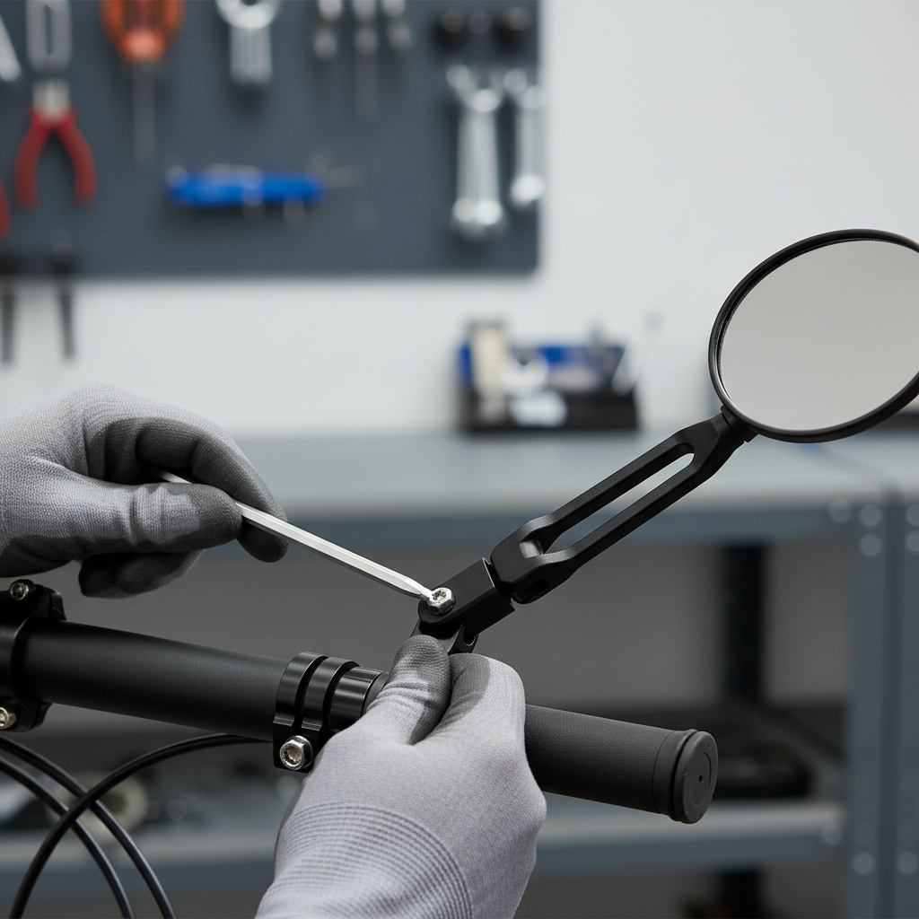 Close-up of tightening a bike mirror clamp to reduce vibration