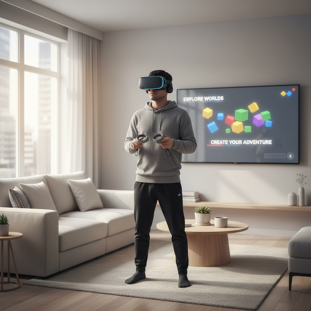 Player using a VR headset with Roblox-style interface and controllers