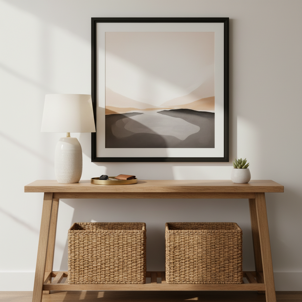 Entryway console table with baskets underneath for functional storage