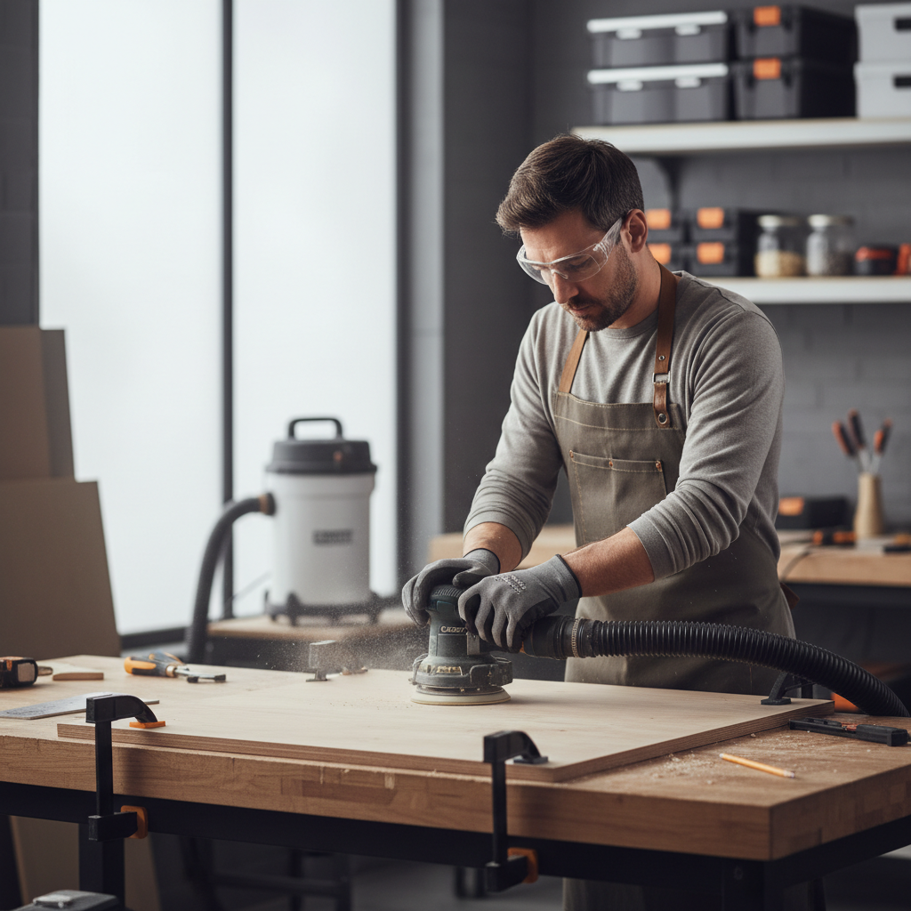 Dust extraction hose connected to a random orbit sander while sanding a wood panel