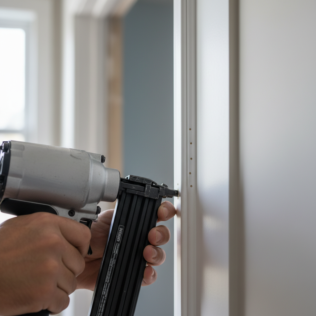 Brad nailer fastening door casing trim with clean finish
