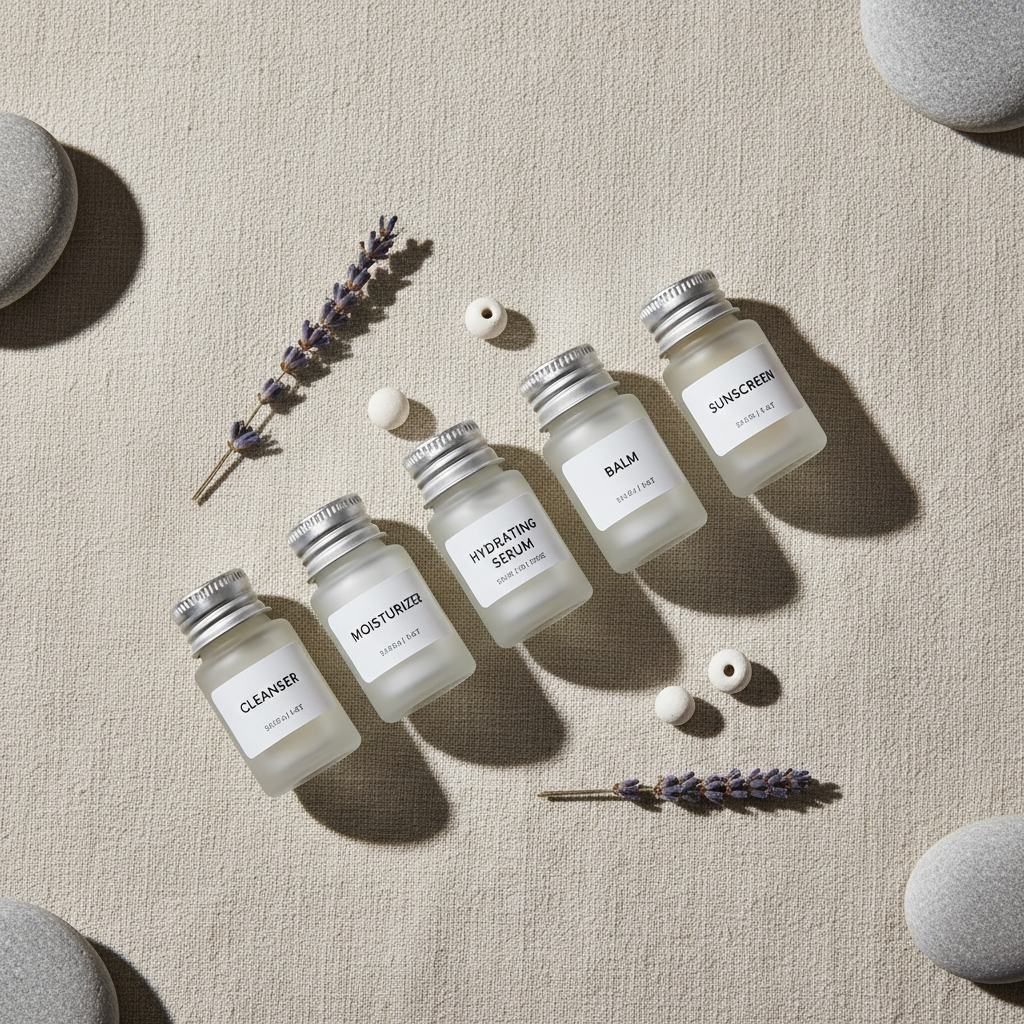 Minimalist travel skincare kit for dry skin with labeled mini containers