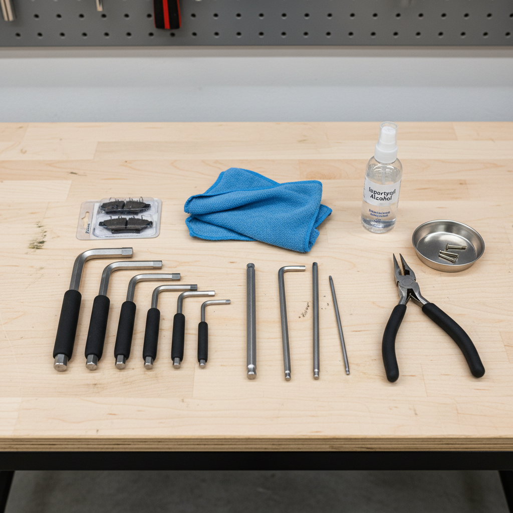 Bike brake pad replacement tools laid out including Allen keys and isopropyl alcohol