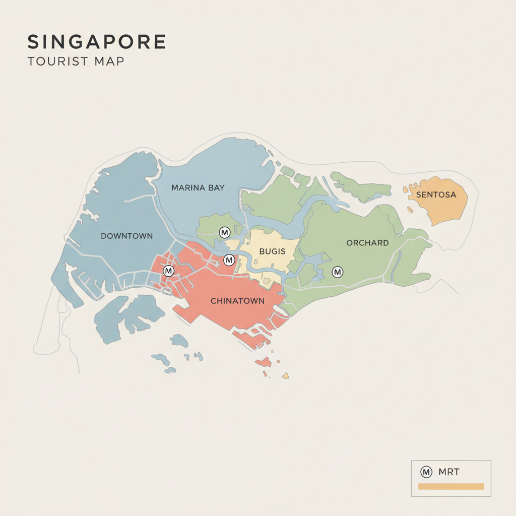Map-style view of Singapore neighborhoods for tourists