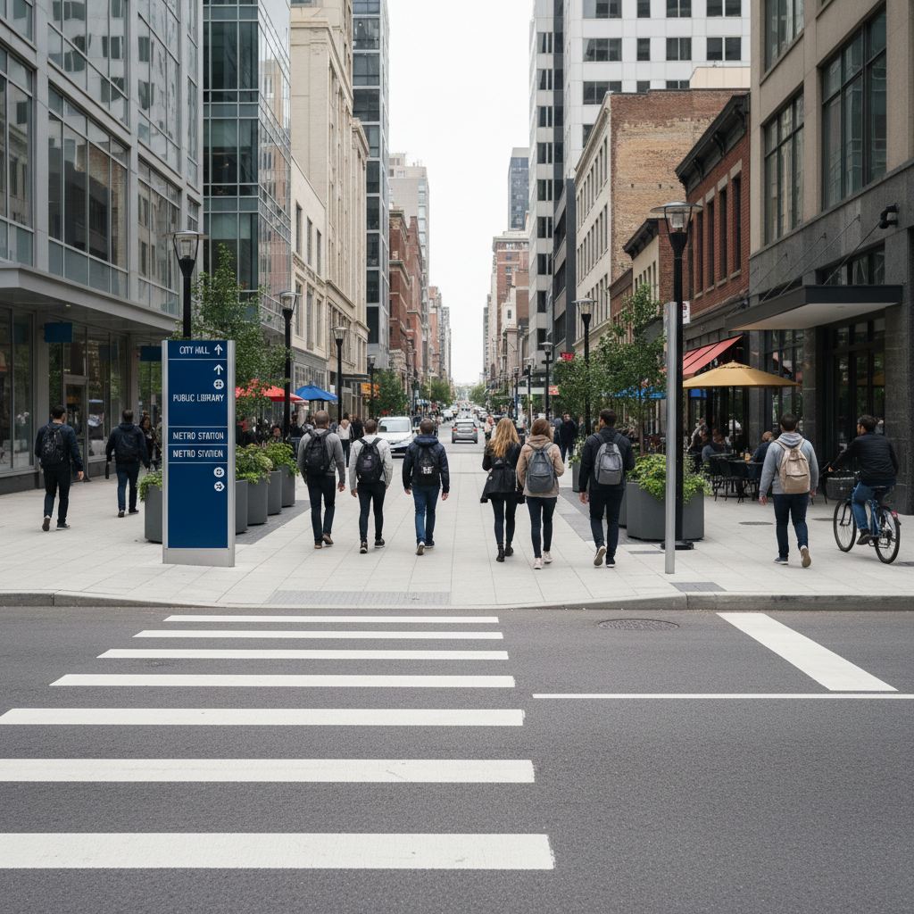 Pedestrian-friendly city street with wayfinding signs and crosswalks